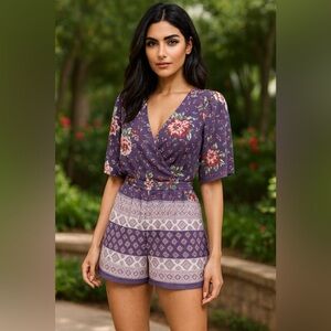 👗 Blue Rain Women's Purple Floral Romper - Size S 🌸